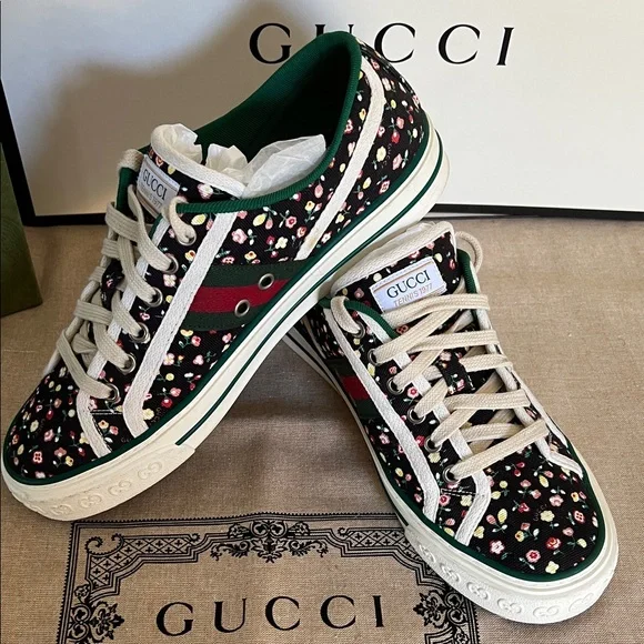 Gucci Black Floral Tennis Sneakers - Picture 2 of 6
